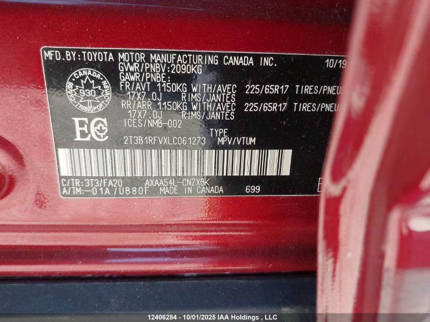 2020 Toyota Rav4 Le VIN: 2T3B1RFVXLC061273 Lot: 12406284