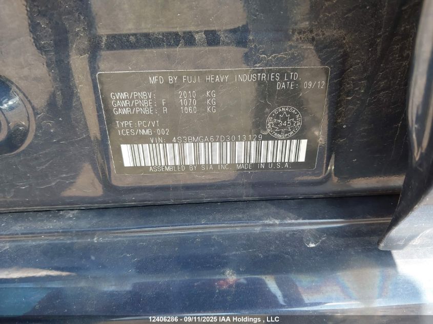 2013 Subaru Legacy 2.5I VIN: 4S3BMGA67D3013129 Lot: 12406286