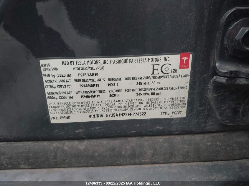 2015 Tesla Model S 85D VIN: 5YJSA1H22FFP74522 Lot: 12406339