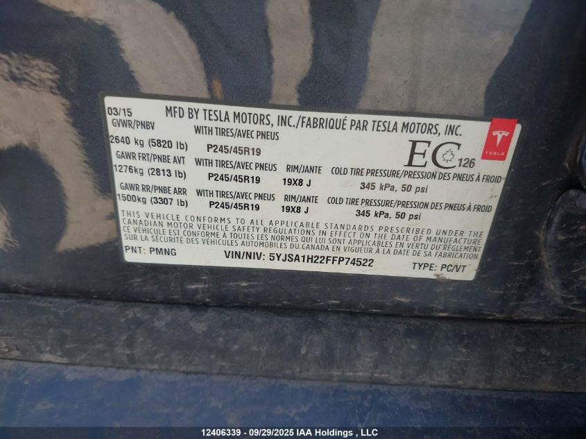 2015 Tesla Model S 85D VIN: 5YJSA1H22FFP74522 Lot: 12406339