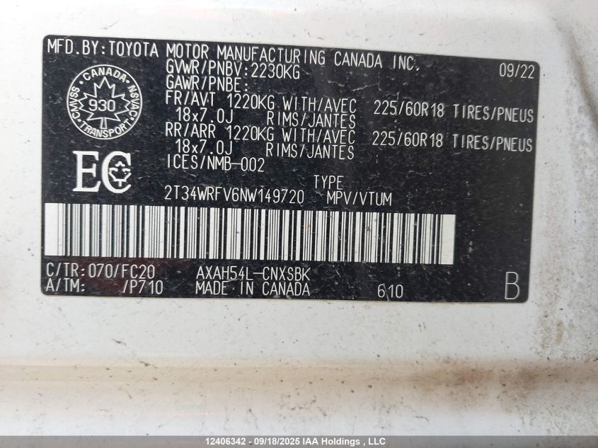 2022 Toyota Rav4 Hybrid Se VIN: 2T34WRFV6NW149720 Lot: 12406342
