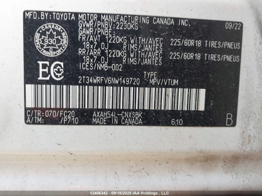 2022 Toyota Rav4 Hybrid Se VIN: 2T34WRFV6NW149720 Lot: 12406342