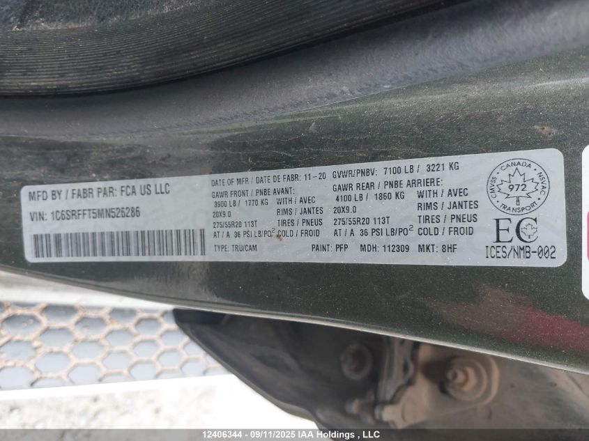 2021 Ram 1500 Big Horn/Lone Star VIN: 1C6SRFFT5MN526286 Lot: 12406344