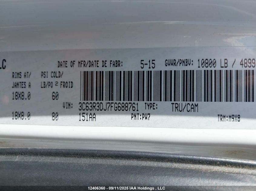 2015 Ram 3500 Slt VIN: 3C63R3DJ7FG688761 Lot: 12406360