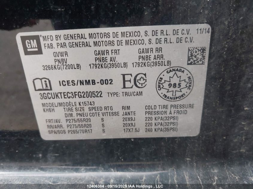 2015 Chevrolet Silverado K1500 High Country VIN: 3GCUKTEC3FG200522 Lot: 12406384