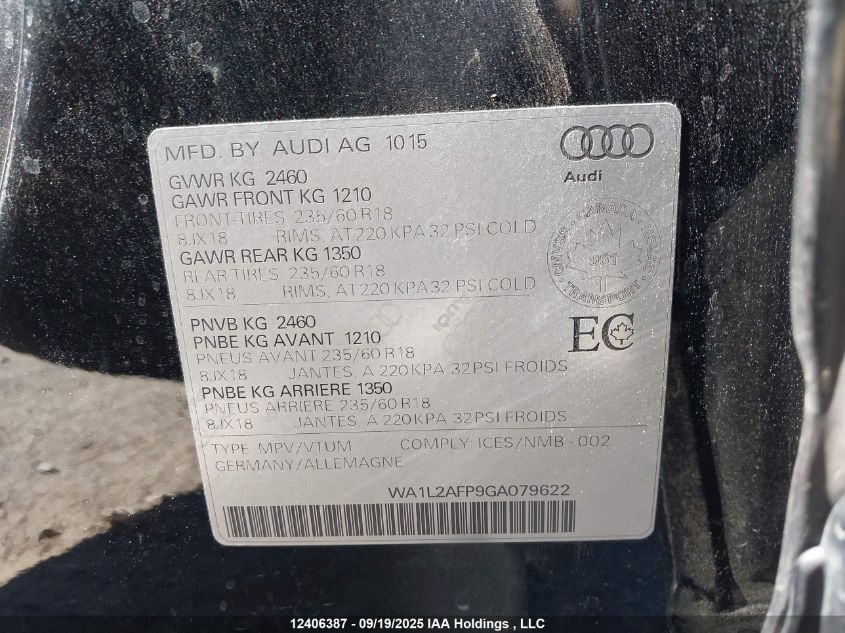 2016 Audi Q5 2.0T Progressiv VIN: WA1L2AFP9GA079622 Lot: 12406387