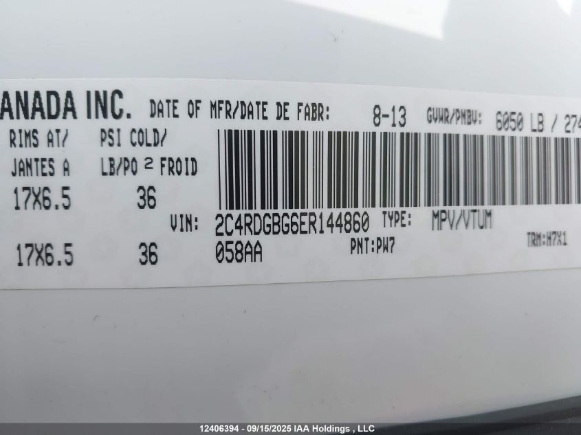 2014 Dodge Grand Caravan Se VIN: 2C4RDGBG6ER144860 Lot: 12406394