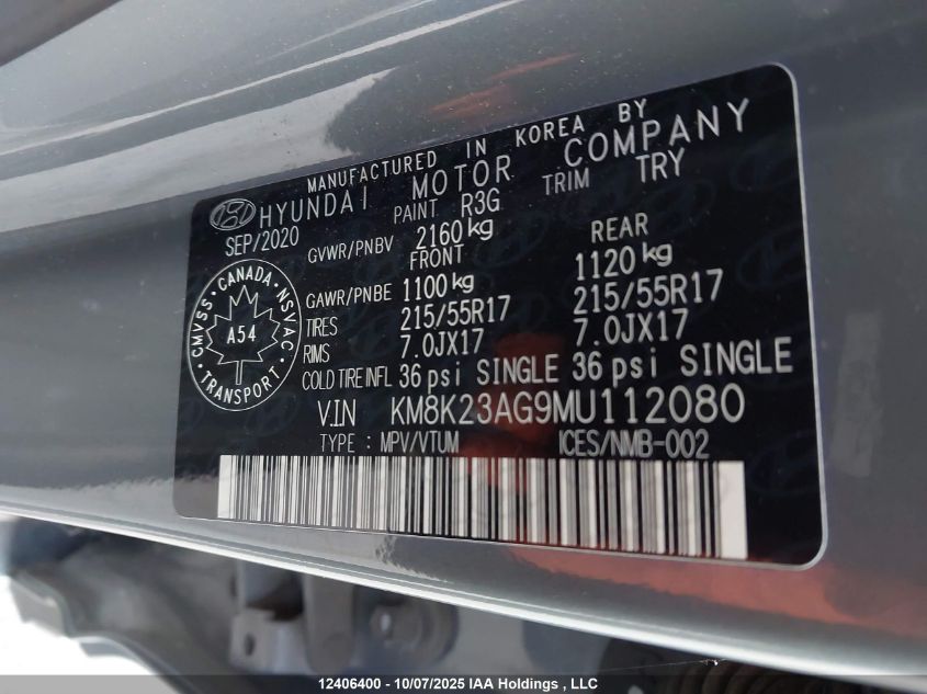 2021 Hyundai Kona Sel VIN: KM8K23AG9MU112080 Lot: 12406400