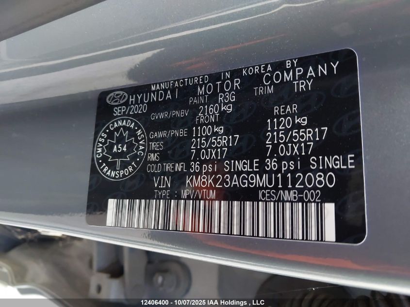 2021 Hyundai Kona Sel VIN: KM8K23AG9MU112080 Lot: 12406400