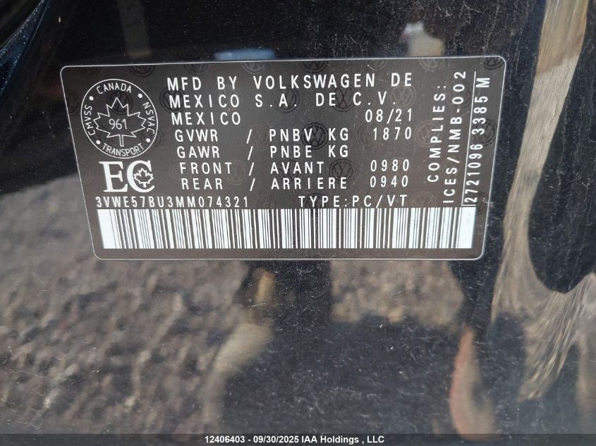 2021 Volkswagen Jetta Sel VIN: 3VWE57BU3MM074321 Lot: 12406403