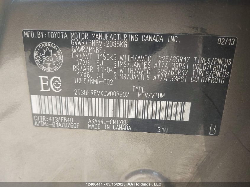 2013 Toyota Rav4 Le VIN: 2T3BFREVXDW008902 Lot: 12406411