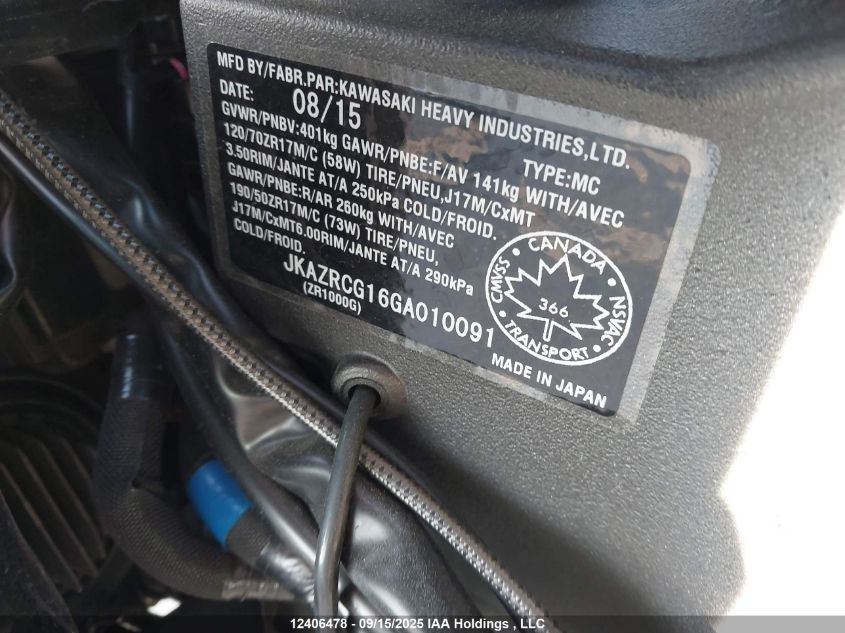 2016 Kawasaki Zr1000 G VIN: JKAZRCG16GA010091 Lot: 12406478