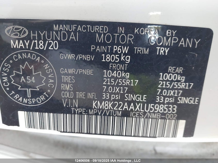 2020 Hyundai Kona Preferred VIN: KM8K22AAXLU598533 Lot: 12406506