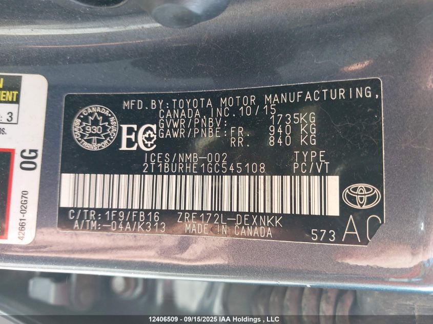 2016 Toyota Corolla VIN: 2T1BURHE1GC545108 Lot: 12406509