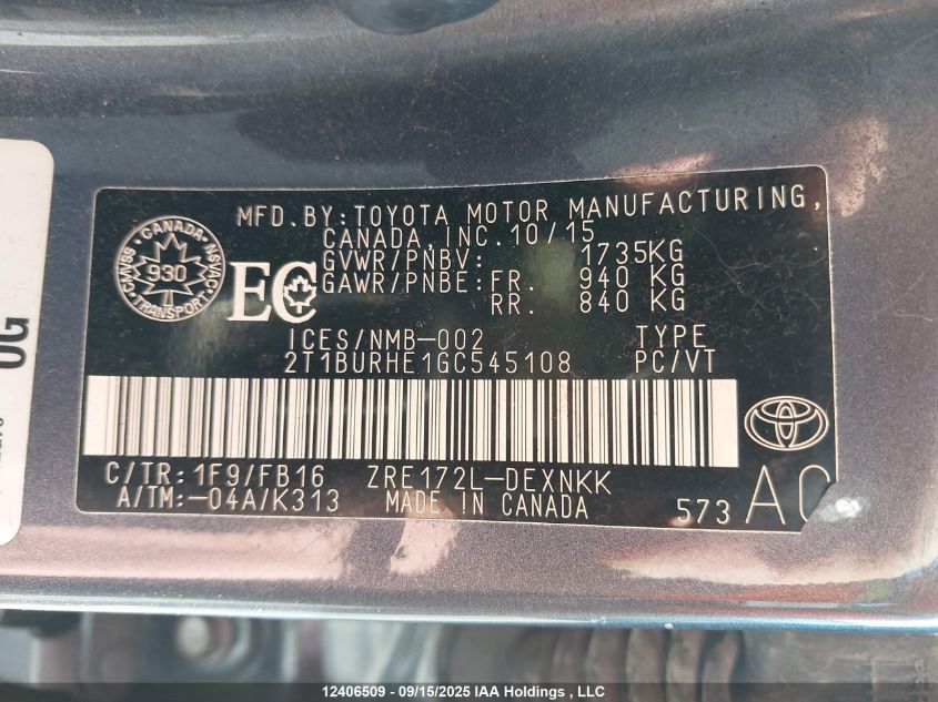 2016 Toyota Corolla VIN: 2T1BURHE1GC545108 Lot: 12406509