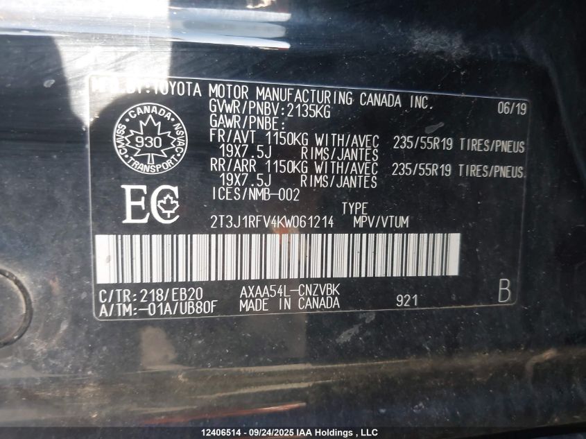 2019 Toyota Rav4 Adventure VIN: 2T3J1RFV4KW061214 Lot: 12406514