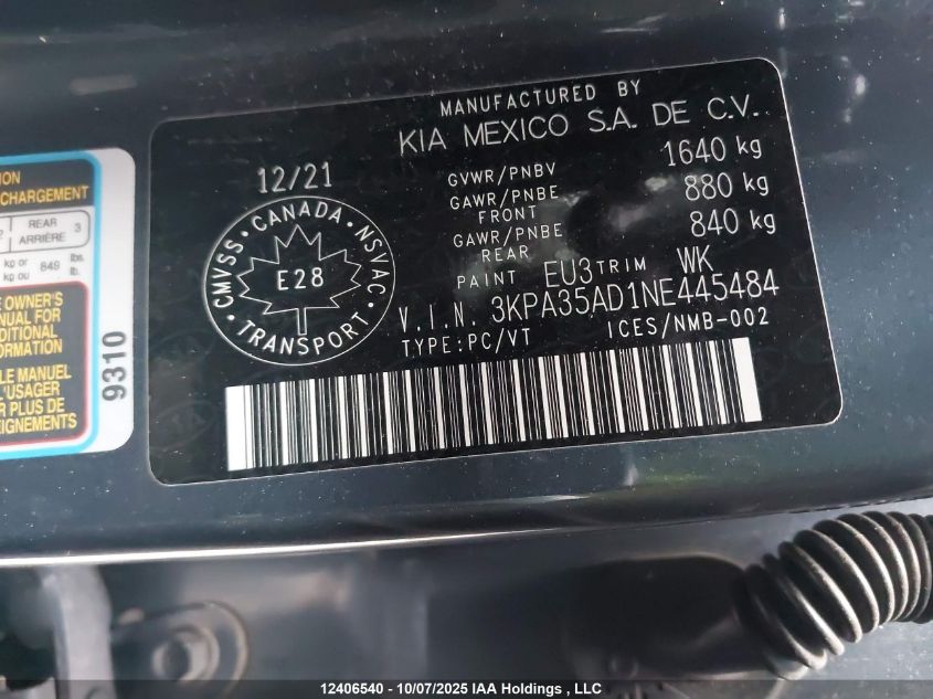 2022 Kia Rio Ex Premium VIN: 3KPA35AD1NE445484 Lot: 12406540