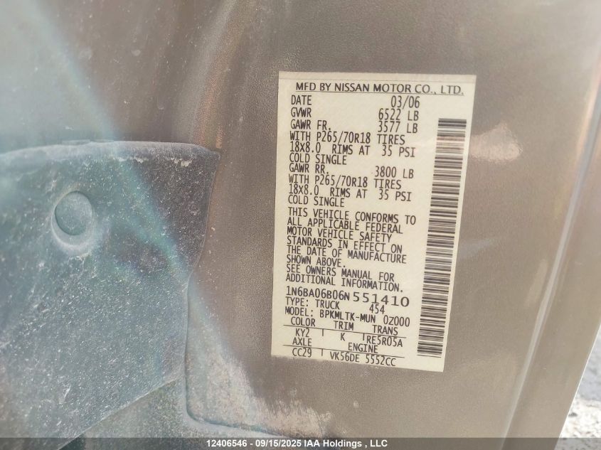 2006 Nissan Titan Xe/Se/Le VIN: 1N6BA06B06N551410 Lot: 12406546