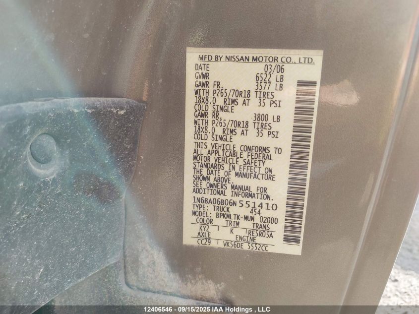 2006 Nissan Titan Xe/Se/Le VIN: 1N6BA06B06N551410 Lot: 12406546