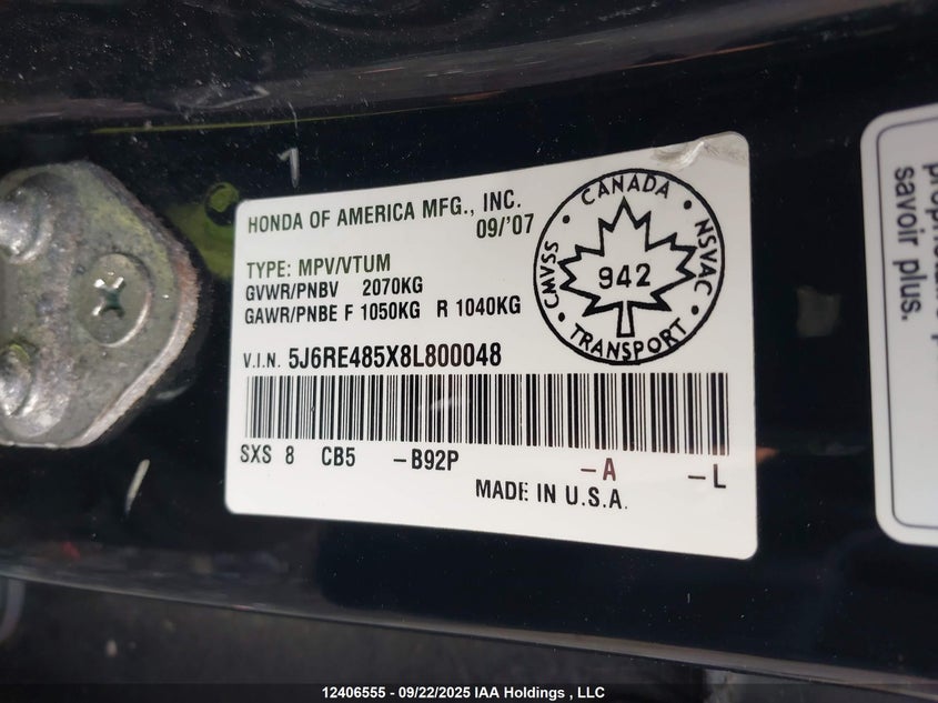 2008 Honda Cr-V VIN: 5J6RE485X8L800048 Lot: 12406555