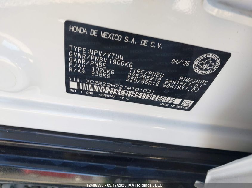 2026 Honda Hr-V Exl VIN: 3CZRZ2H72TM101031 Lot: 12406593