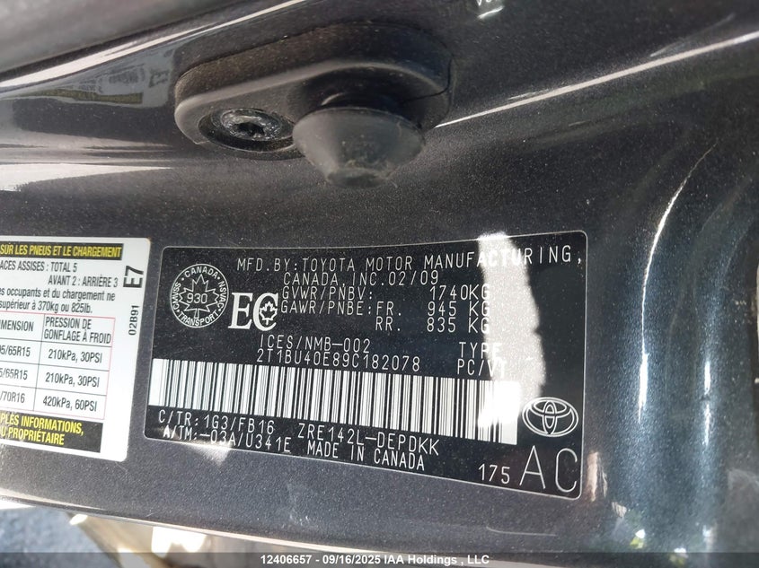 2009 Toyota Corolla S/Le/Xle VIN: 2T1BU40E89C182078 Lot: 12406657