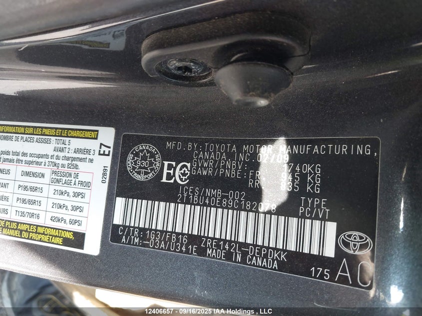 2009 Toyota Corolla S/Le/Xle VIN: 2T1BU40E89C182078 Lot: 12406657