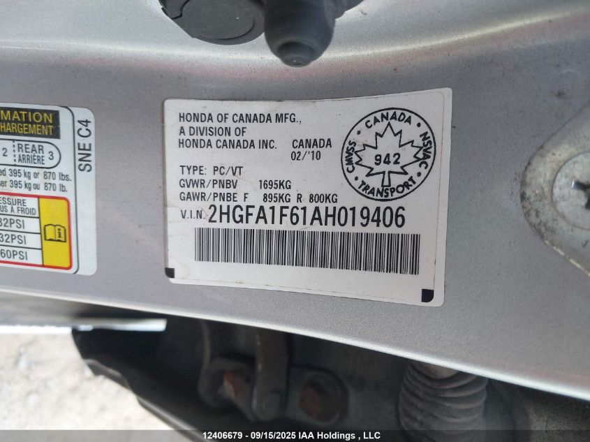 2010 Honda Civic Sport VIN: 2HGFA1F61AH019406 Lot: 12406679