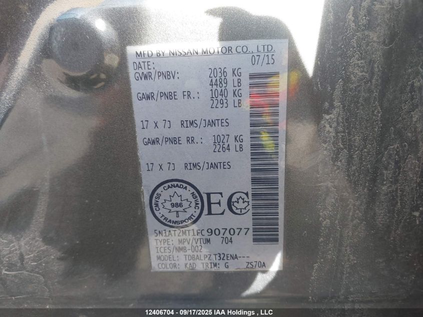2015 Nissan Rogue S/Sl/Sv VIN: 5N1AT2MT1FC907077 Lot: 12406704