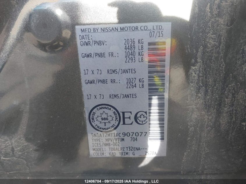 2015 Nissan Rogue S/Sl/Sv VIN: 5N1AT2MT1FC907077 Lot: 12406704