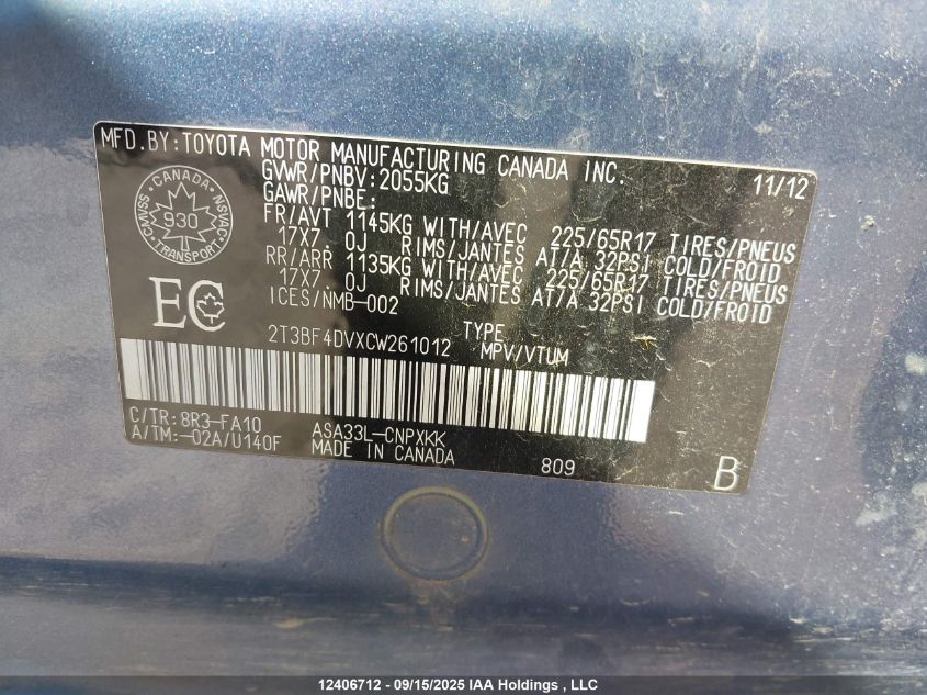 2012 Toyota Rav4 VIN: 2T3BF4DVXCW261012 Lot: 12406712