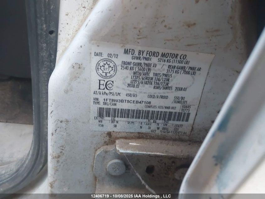 2012 Ford F350 Super Duty VIN: 1FT8W3BT5CEB47108 Lot: 12406719