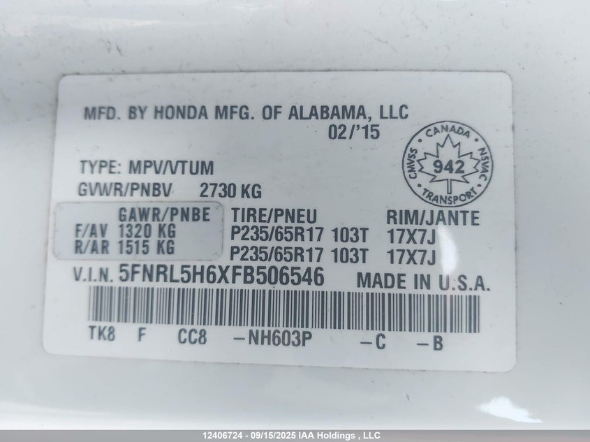 5FNRL5H6XFB506546 2015 HONDA ODYSSEY photo no. 9