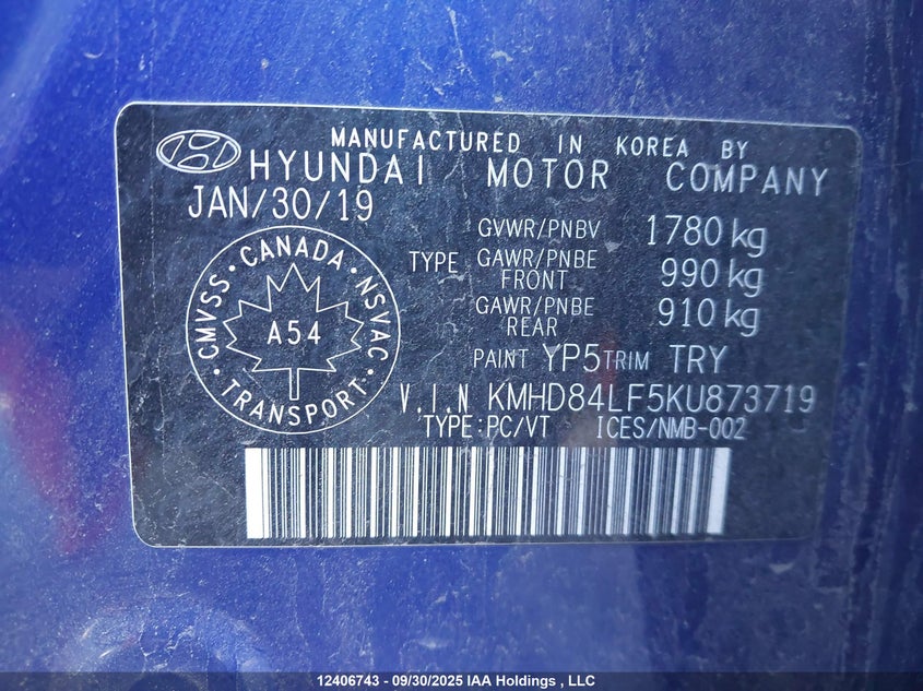 2019 Hyundai Elantra VIN: KMHD84LF5KU873719 Lot: 12406743