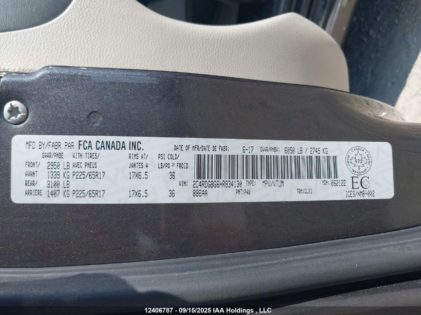 2017 Dodge Grand Caravan Se VIN: 2C4RDGBG6HR834130 Lot: 12406787