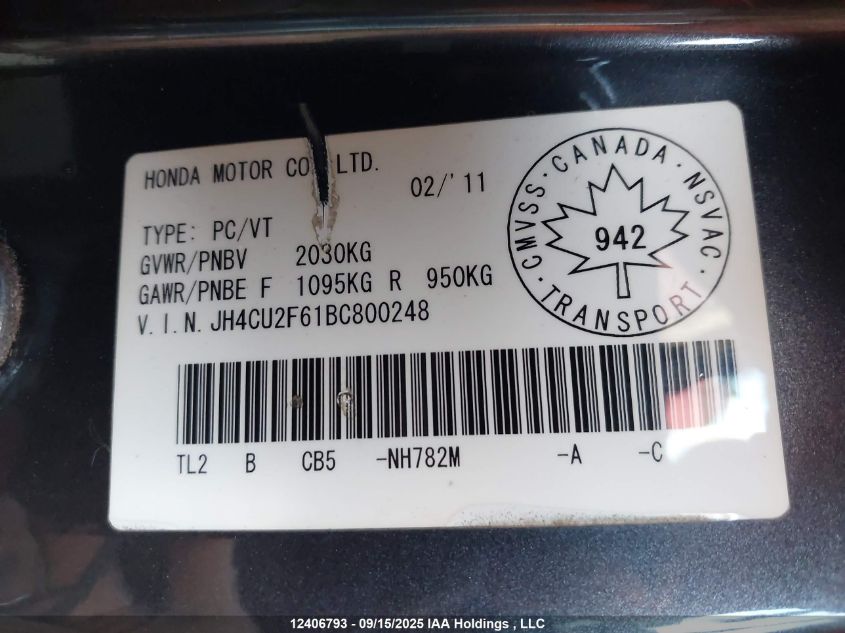 2011 Acura Tsx Premium/Technology Package VIN: JH4CU2F61BC800248 Lot: 12406793