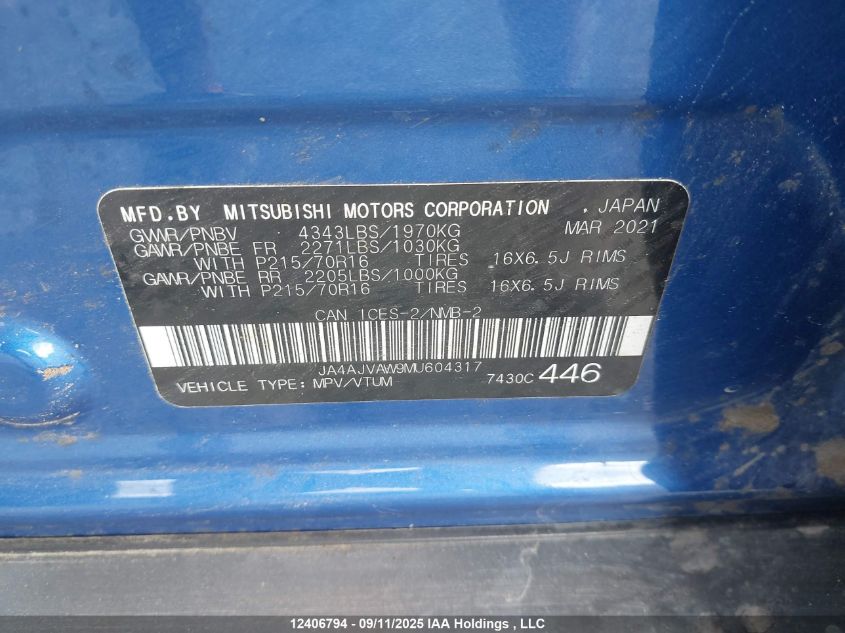 2021 Mitsubishi Rvr Se/Sel/Le/Gt VIN: JA4AJVAW9MU604317 Lot: 12406794