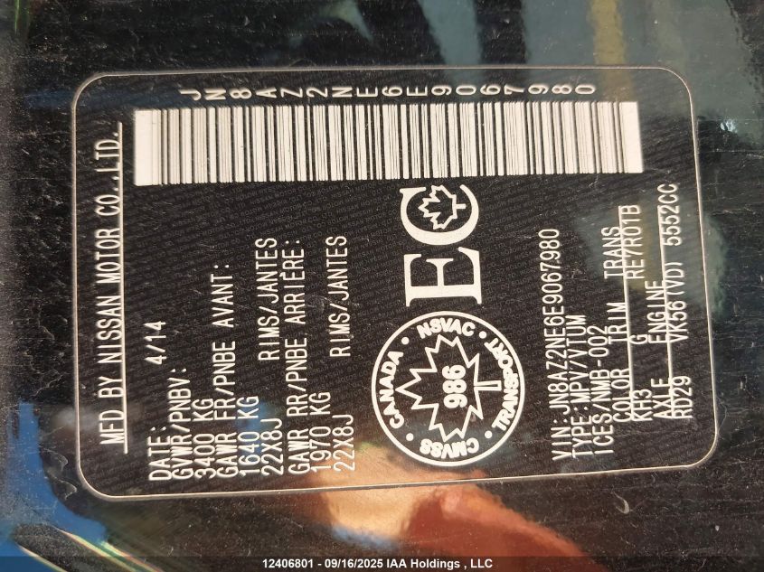 2014 Infiniti Qx80 VIN: JN8AZ2NE6E9067980 Lot: 12406801