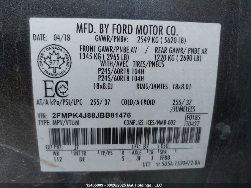 2018 Ford Edge Sel VIN: 2FMPK4J88JBB81476 Lot: 12406809