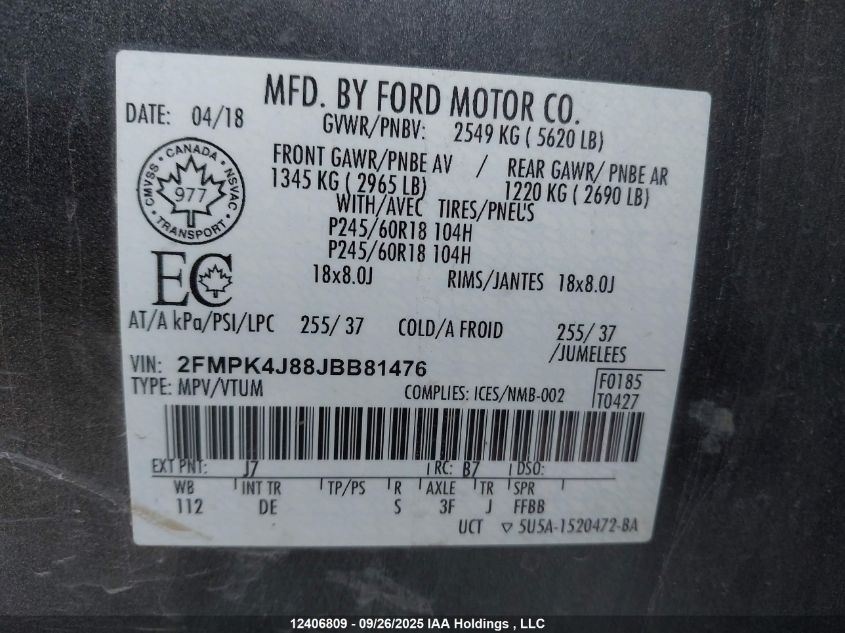 2018 Ford Edge Sel VIN: 2FMPK4J88JBB81476 Lot: 12406809