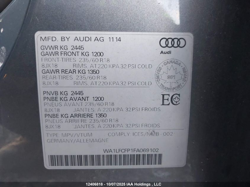 2015 Audi Q5 Premium Plus VIN: WA1LFCFP1FA069102 Lot: 12406818