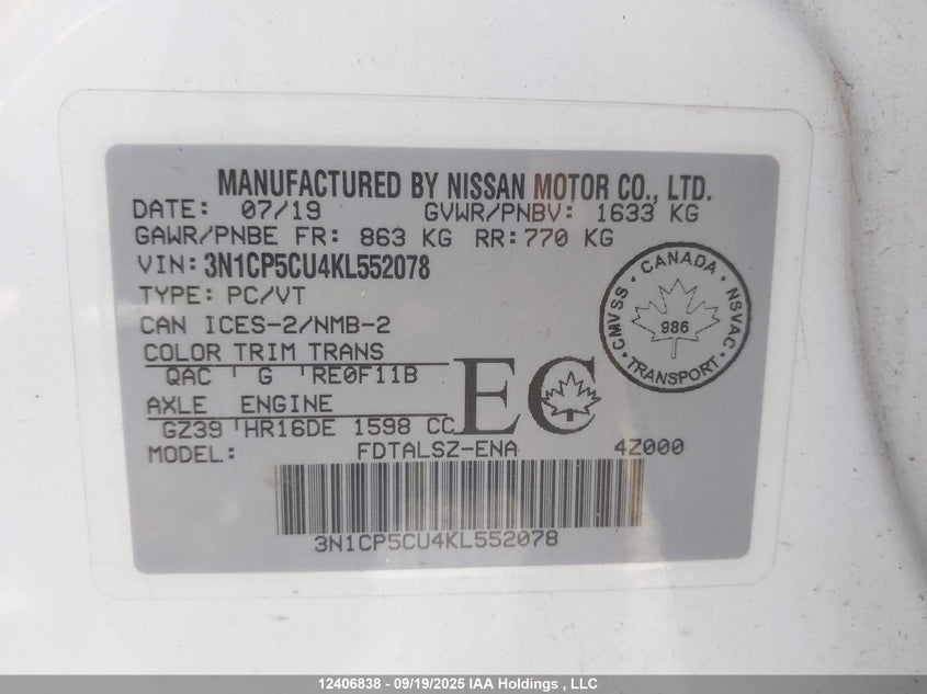 3N1CP5CU4KL552078 2019 NISSAN KICKS photo no. 9