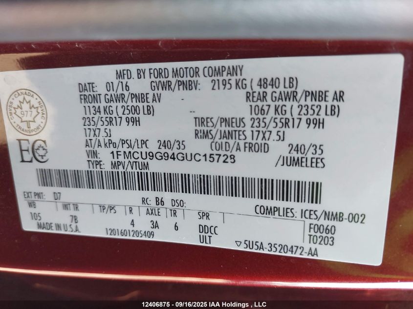 2016 Ford Escape Se VIN: 1FMCU9G94GUC15728 Lot: 12406875