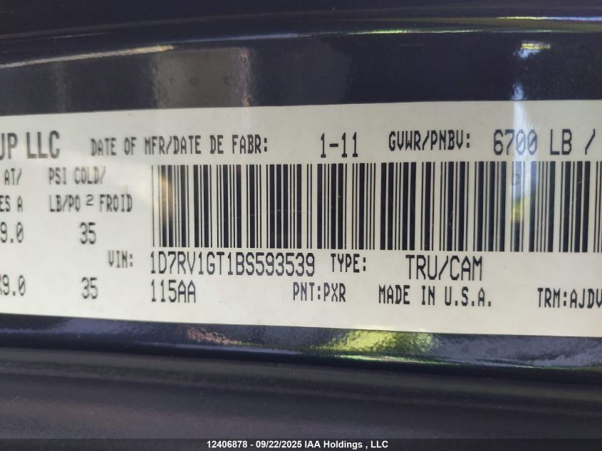 2011 Dodge Ram 1500 VIN: 1D7RV1GT1BS593539 Lot: 12406878