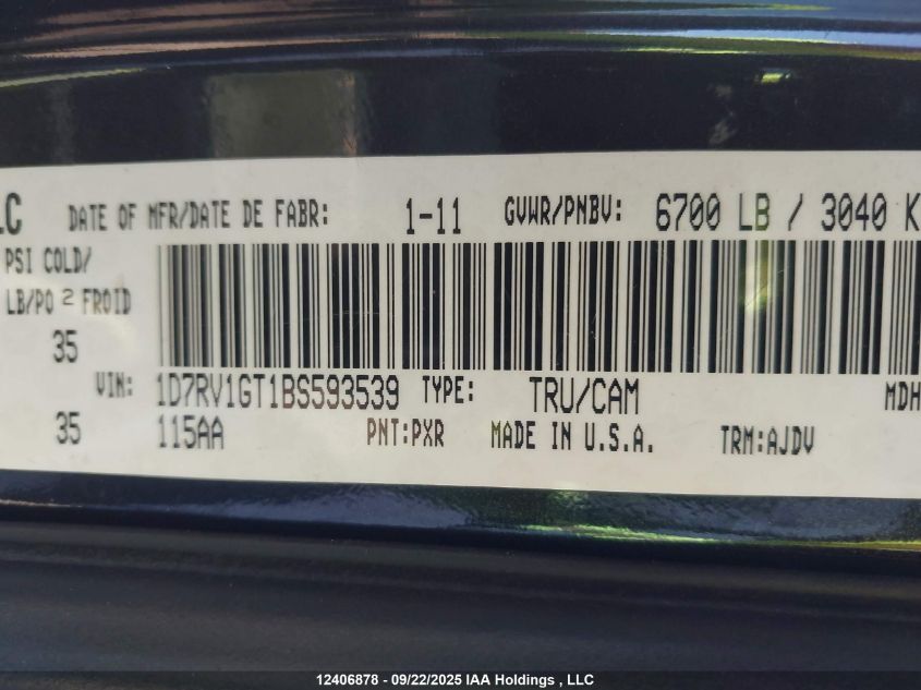 2011 Dodge Ram 1500 VIN: 1D7RV1GT1BS593539 Lot: 12406878