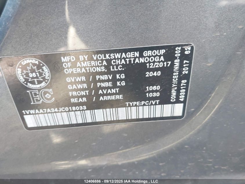 2018 Volkswagen Passat VIN: 1VWAA7A34JC018033 Lot: 12406886