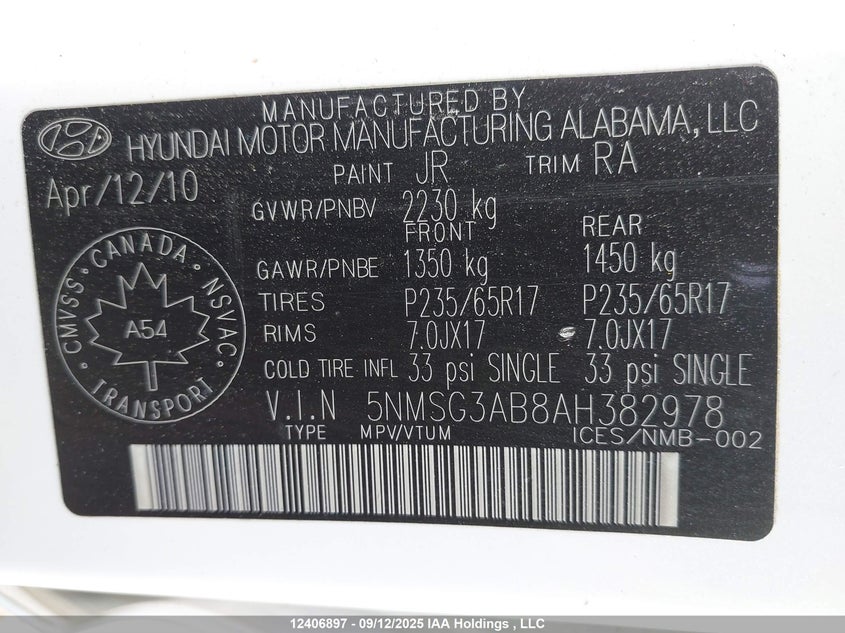 5NMSG3AB8AH382978 2010 HYUNDAI SANTA FE photo no. 9