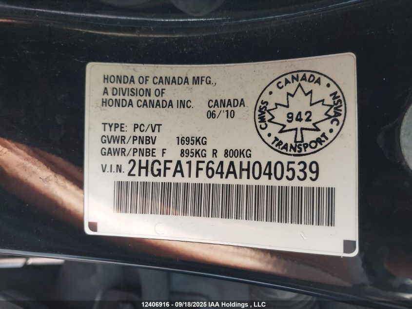 2010 Honda Civic Lx-S VIN: 2HGFA1F64AH040539 Lot: 12406916