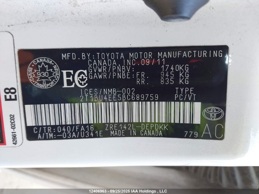 2011 Toyota Corolla S/Le VIN: 2T1BU4EE5BC689759 Lot: 12406963