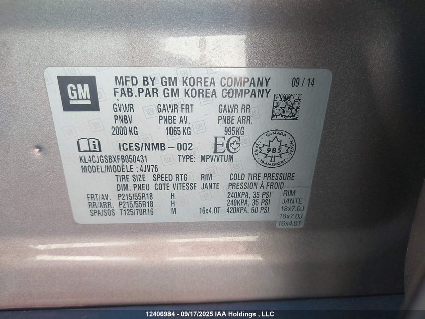 KL4CJGSBXFB050431 2015 BUICK ENCORE photo no. 9